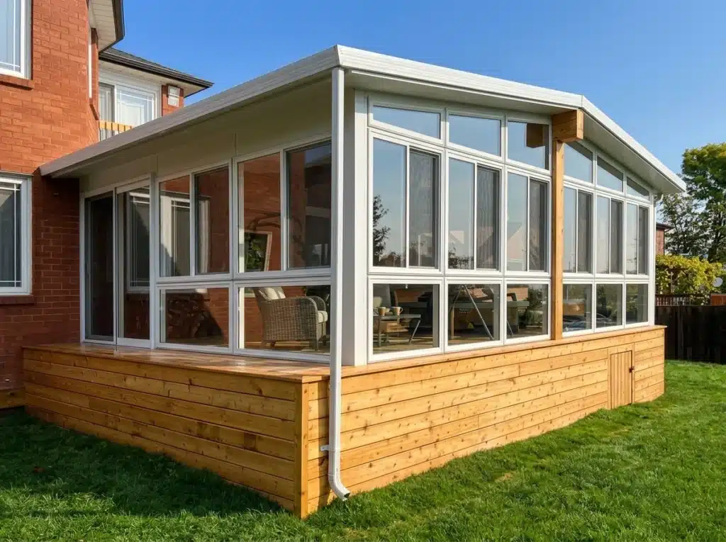 Exterior of a 3-season glass sunroom addition with white frames, wood deck base, and backyard lawn