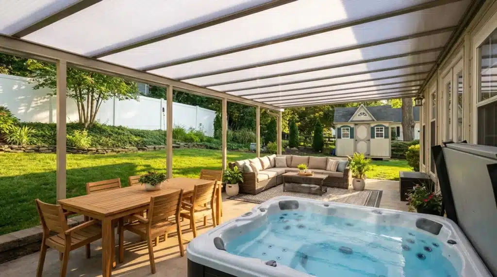 Covered Ontario backyard patio with an acrylic roof, dining area, lounge seating and hot tub
