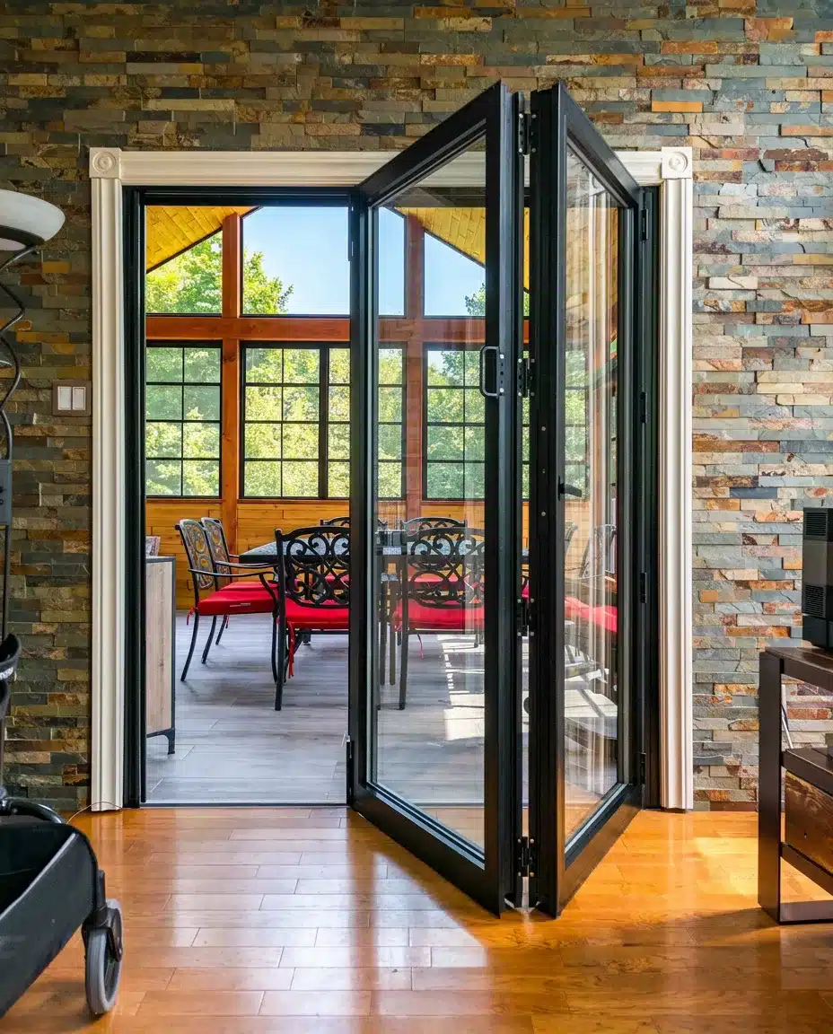 Black bi-fold doors opening from a living room into an enclosed sunroom