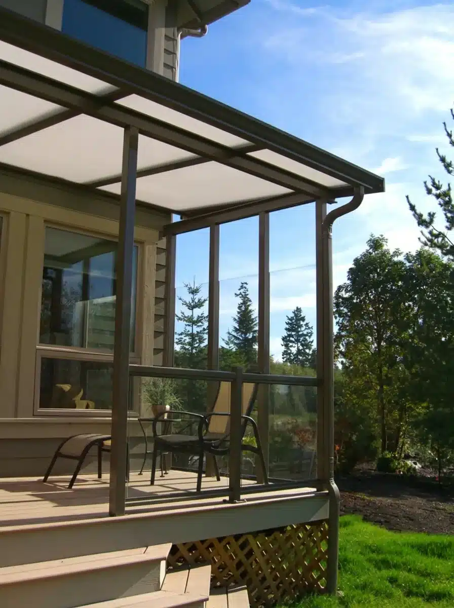 Engineered acrylic patio cover with aluminum frame, support posts and integrated gutter