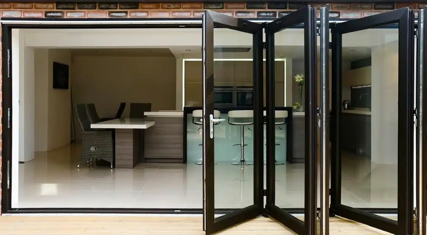 Black folding glass wall fully opened between a modern kitchen and outdoor deck