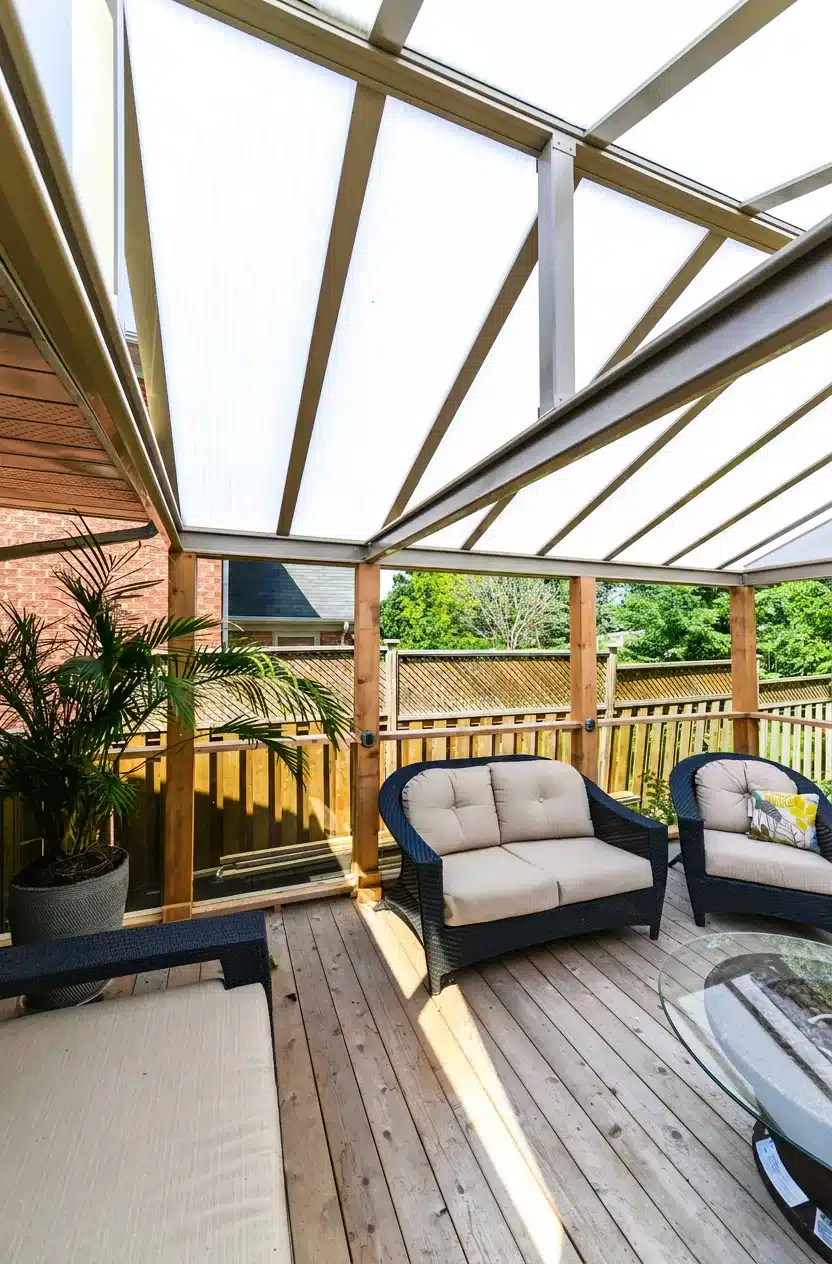 Translucent acrylic patio cover shading cushioned seating while allowing natural light through