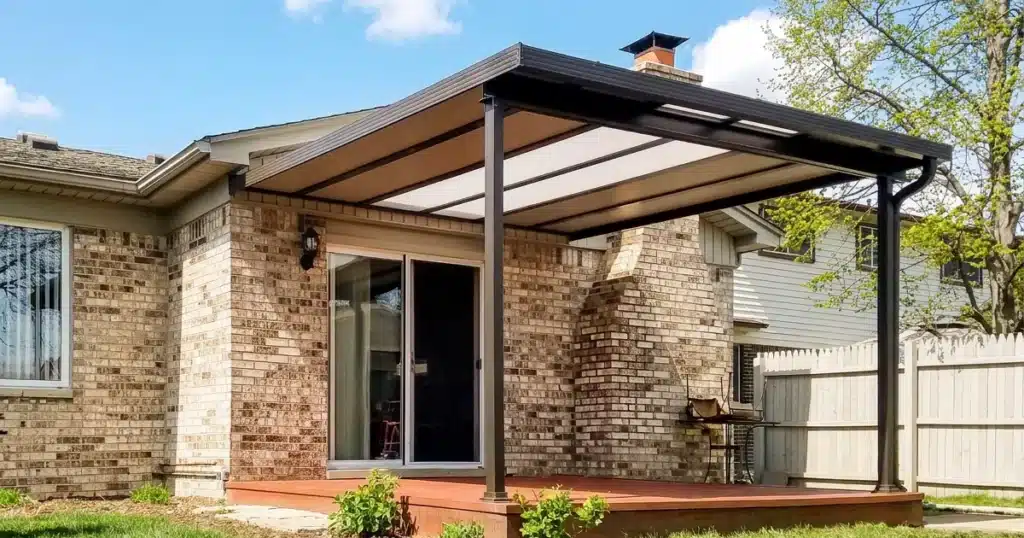 Black hybrid patio cover with acrylic and insulated panels over a suburban backyard deck