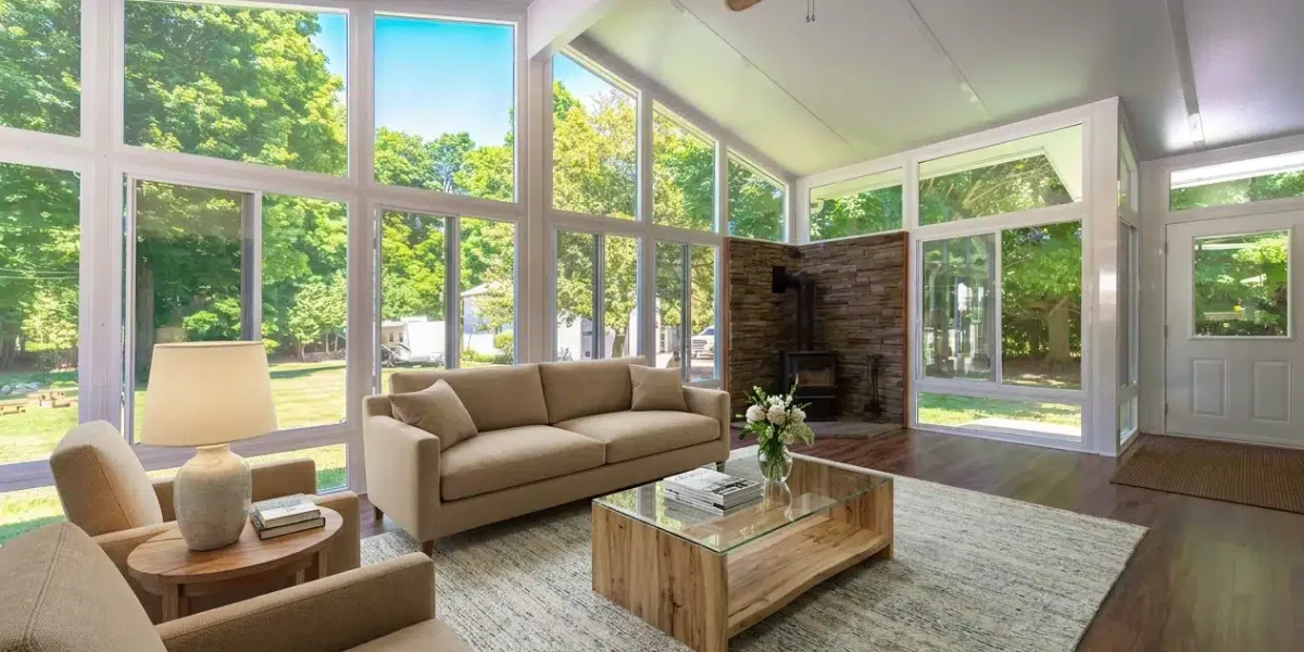Bright 3-season glass sunroom with large windows, ceiling fan, seating area, and backyard views in summer