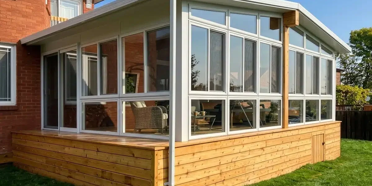 Exterior of a 3-season glass sunroom addition with white frames, wood deck base, and backyard lawn