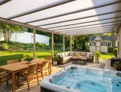 Covered Ontario backyard patio with an acrylic roof, dining area, lounge seating and hot tub