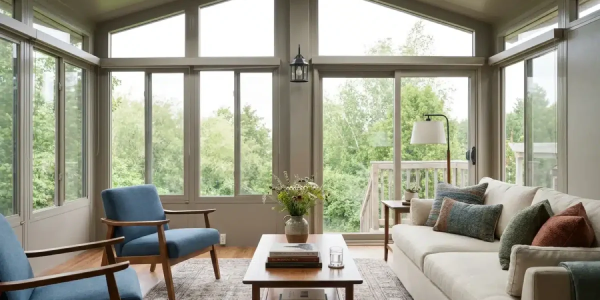 Furnished insulated sunroom with hardwood flooring, skylights, and large windows