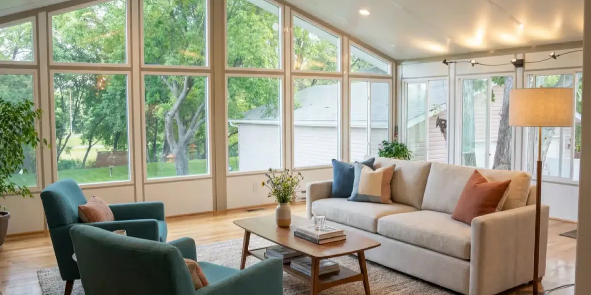 Bright insulated sunroom with large glass windows, sofa, chairs, and hardwood floor