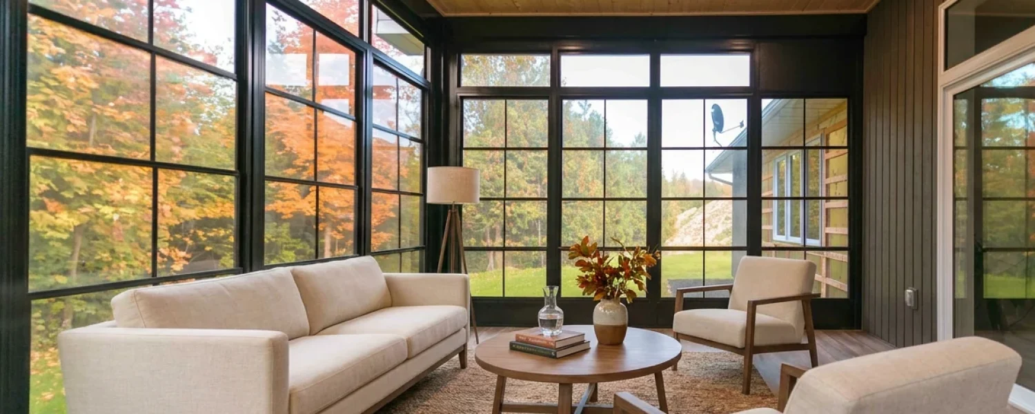 Bright 3-season room with black-framed vinyl windows and autumn trees outside